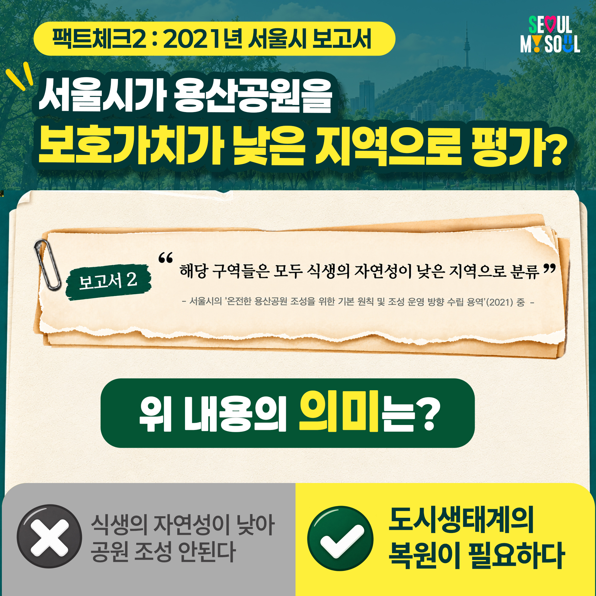 팩트체크2 : 2021년 서울시 보고서
서울시가 용산공원을 보호가치가 낮은 지역으로 평가?

"해당 구역들은 모두 식생의 자연성이 낮은 지역으로 분류"
- 서울시의 '온전한 용산공원 조성을 위한 기본 원칙 및 조성 운영 방향 수립 용역'(2021) 중 -

위 내용의 의미는?

식생의 자연성이 낮아 공원 조성 안된다(X)
도시생태계의 복원이 필요하다(O)