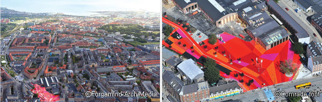 도심 속에 자리 잡은 슈퍼킬펜과 코펜하겐 도시 전경ⓒForgemind ArchiMedia, 핑크, 오렌지, 빨강의 난색 계열 패턴이 바닥을 뒤덮은 레드스퀘어ⓒComrade foot