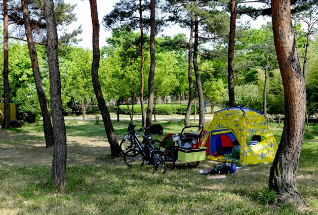 공원 곳곳에서 한가로이 자전거 캠핑을 즐기는 시민들