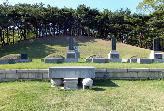 푸르른 소나무들이 뒤로 서있는 삼의사(三義士)의 묘, 맨 왼쪽이 안중근 의사의 가묘다