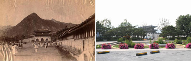 1900년대 육조대로의 모습(좌), 의정부 터(현, 광화문 시민열린마당)(우)