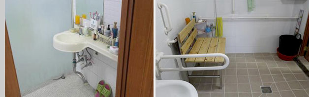 휠체어 이용이 어려운 세면 시설(좌), 안전 손잡이 및 샤워용 맞춤 의자 설치(우)