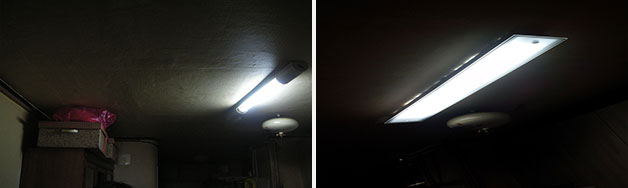주방 일반전등 사용(좌), 주방 전등 LED 교체 설치 후(우)