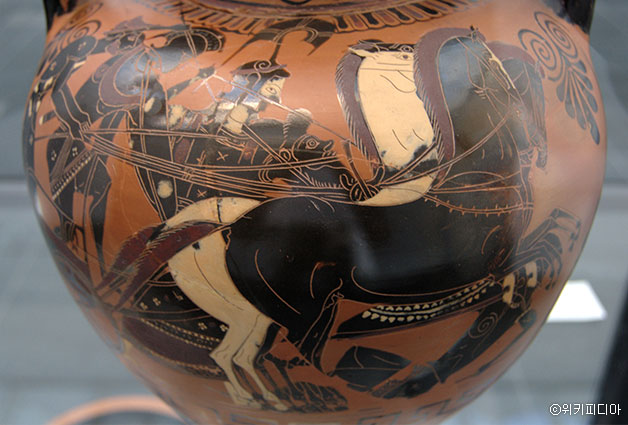 전차를 타고 있는 전쟁신 아레스와 포보스(공포). 기원전 5세기 경에 제작된 항아리에 그려져있다.ⓒ위키피디아