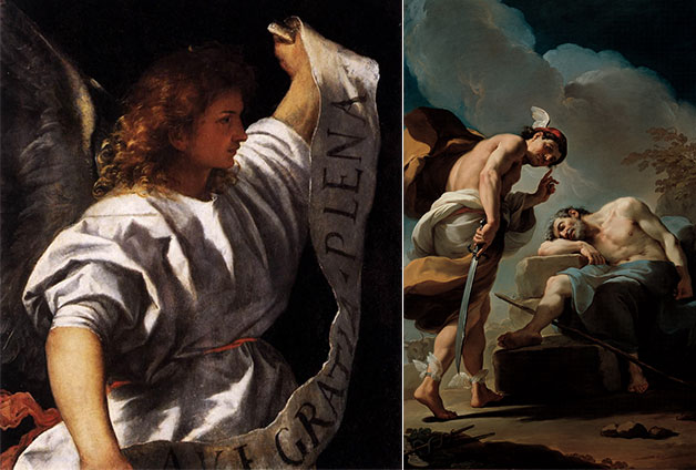 가톨릭 외교관의 수호성인 가브리엘-티치아노의 그림(좌), 그리스 신화 외교의 신 헤르메스-우발도 간돌피의 그림(우)