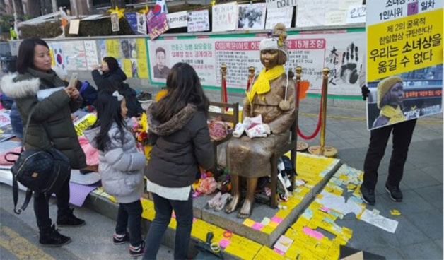 주한 일본대사관 앞에 위치한 소녀상. 두 자매가 털장갑을 놓아주고 있다