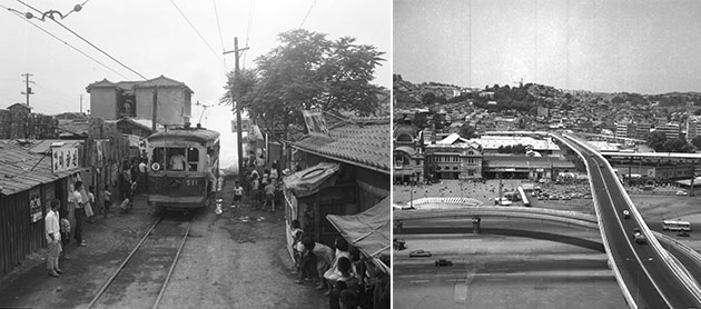 주택가를 달리는 전차-1966.6.8.(좌), 서울역 고가 개통-1970.8.15.(우)