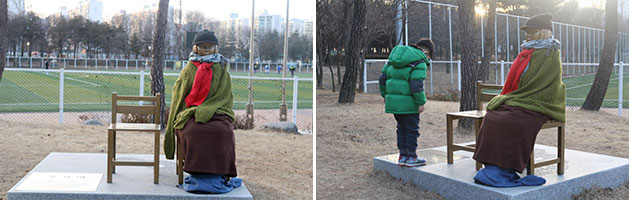 마들근린 공원 평화의 소녀상(좌), 비문을 읽고 있는 아이(우)
