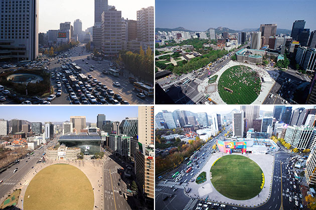 1995년, 2005년, 2010년, 2015년 3월(시계 방향) 서울광장 모습