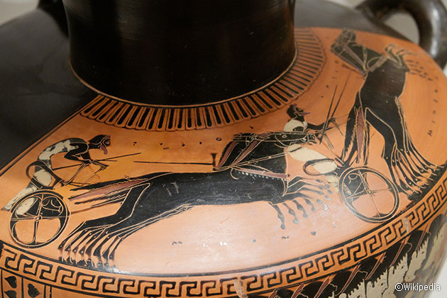 고대 그리스의 항아리에 묘사된 전차 경주 장면. 전차 경주가 올림픽의 기원이 되었다는 전설이 전해진다 ⓒWikipedia