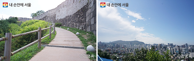 낙산성곽길(좌)을 따라 걷다보면 서울시내 모습이 아름답게 펼쳐진다. ⓒ김영옥