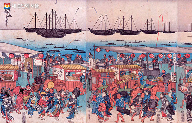 우타가와 히로시게 - 다나카와이십육야대유흥지도(高輪二十六夜待遊興之圖) 1837