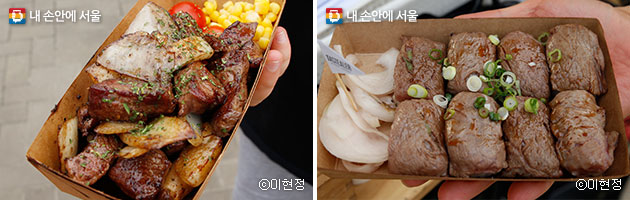 단연 인기 많은 큐브스테이크(좌), 쇠고기초밥(우) ⓒ이현정