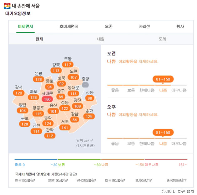 1월 17일 서울시 미세먼지 수치. 국제미세먼지 서울시내 대부분이 `경계단계` 기준을 넘었다. ⓒ네이버 화면 캡처
