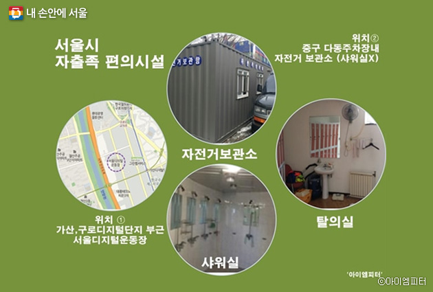 서울시는 빅데이터를 통해 자전거 이용자가 많은 서울디지털운동장에 기존 시설를 개보수해 자전거 보관소와 샤워·탈의실을 만들어 시범 운영한다. 중구의 경우 자전거 보관소만 이용할 수 있다. 