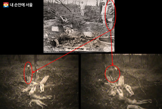 2016년 수집한 사진(위)과 2017년 발굴한 영상(아래)이 동일 장소에서 촬영된 것임을 보여주는 근거, 중국군 병사 등장