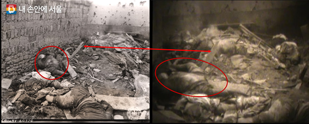 2016년 수집한 사진(좌)과 2017년 발굴한 영상(우)이 동일 장소에서 촬영된 것임을 보여주는 근거, 사진 속 시체의 옷차림