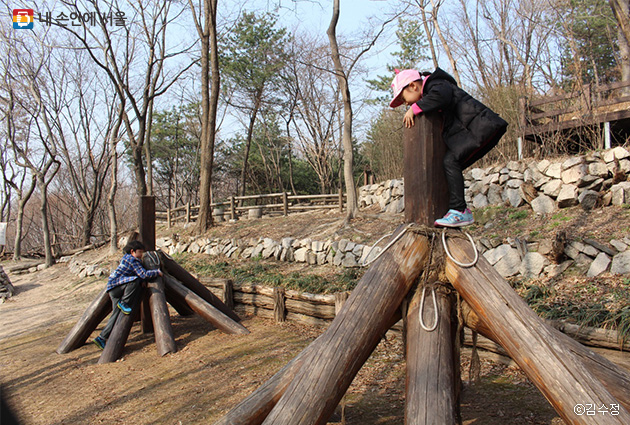 개운산 유아숲 내 모험놀이터. 나무기둥에 매달리고 올라타면서 몸도 마음도 튼튼해진다.