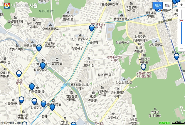 우이천 주변 따릉이 대여소 지도(출처: 서울시자전거 따릉이 홈페이지)