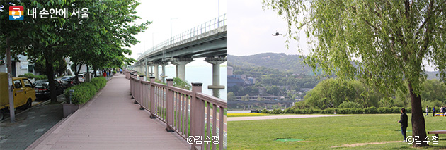광나루터 표지석으로 향하는 길(좌), 광나루한강공원 내 드론공원(우)