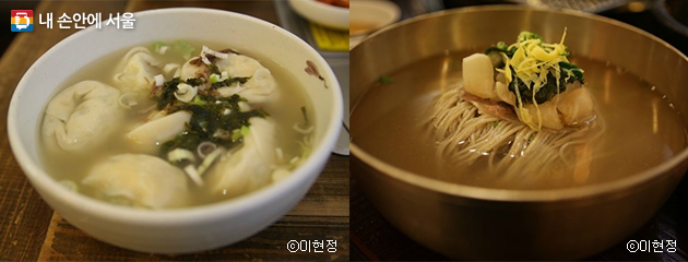 북한을 대표하는 음식, 이북식 만둣국(좌)과 평양냉면(우).