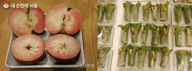충북 영동 조규태 생산자가 친환경농법으로 재배한 ‘레드러브’ 사과(좌), 분팃싸오를 먹기 좋게 라이스페퍼에 싸서 시식했다(우)