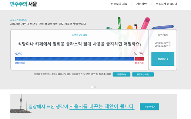 ‘민주주의 서울’ 온라인에서 플라스틱 없는 서울을 위한 다양한 시민 의견을 받고 있다