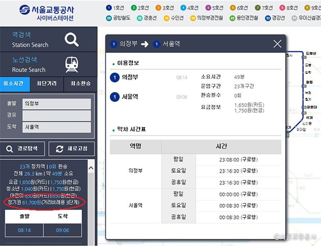 서울교통공사 홈페이지에서 이용구간 별 정기권 충전금액을 확인할 수 있다