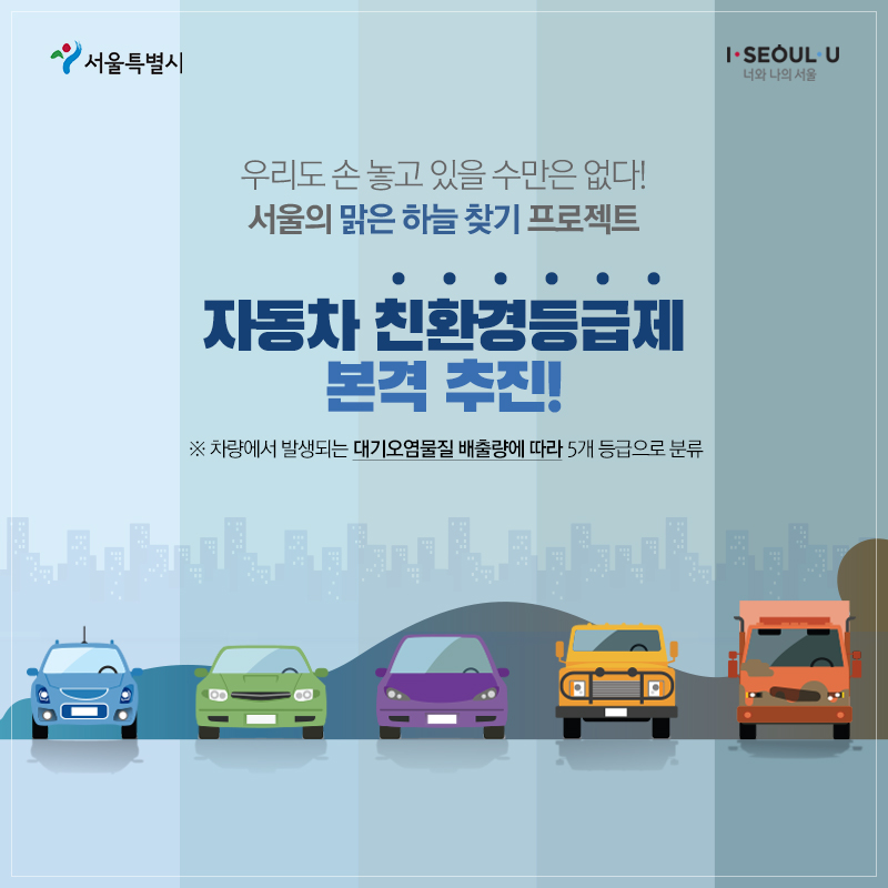 우리도 손 놓고 있을 수만은 없다! 서울의 맑은 하늘 찾기 프로젝트 자동차 친환경등급제 본격 추진! ※ 차량에서 발생되는 대기오염물질 배출량에 따라 5개 등급으로 분류