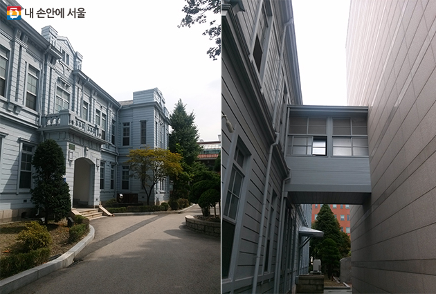 방통대 역사기록관 건물 앞 모습(좌), 뒷 모습(우)