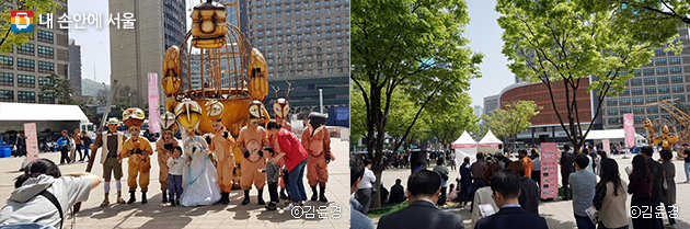 배우들과 함께 기념사진을 찍는 시민들(좌) 서울광장에서 색다른 볼거리를 즐기는 관광객들과 시민들