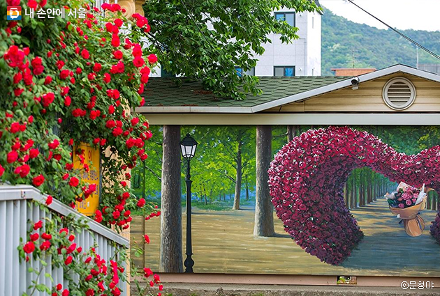 하트 모양의 장미터널과 장미 꽃다발이 그려진 벽화가 실제 빨간 장미와 어우려져 아름다운 동화 같은 분위기를 연출한다