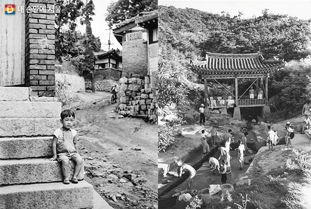 가회동 골목 안 어린이, 1953년, 임인식 사진(좌) 삼청공원에서 냉수마찰, 1956년, 임인식 사진(우)