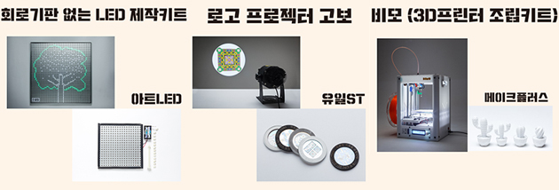 (왼쪽부터) 회로기판 없는 LED제작 키트, 로고 프로젝터 고보, 3D프린터 조립키트
