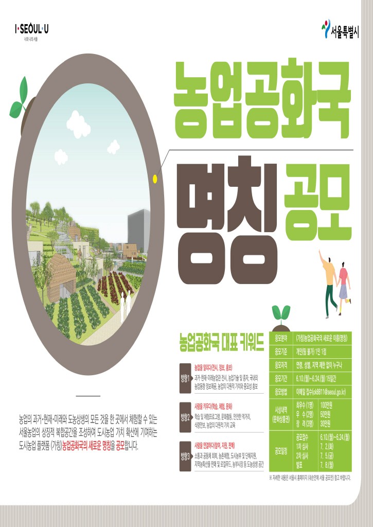 농업공화국명칭공모/노업의 과거현재미래와 도농상생의 모든것을 한 곳에서 체험할 수 있는 서울농업의 상징적 복합공간을 조성하여 도시농업 가치확산에 기여하는 도시농업 플랫폼(가칭) 농업공화국의 새로운 명칭을 공모합니다./농업공화국 대표키워드/방향1/농업을 알리다9전시,정보,홍보)과거현재미래농업과 전시, 농업기술 및 종자, 국내외 농업동향 정보제공, 농업의 다원적 가치와 중요성 홍보/방향2/사람을 키우다(학습,체험,문화)학습및체험프로그램, 문화활동, 안전한 먹거리, 식량안보, 농업의 다원적 가치교육/방향3/사람을 연결하다(참여, 지원, 판매) 소통과 공동체 회복, 농촌체험, 도시농부 및 단체지원, 지역농특산물 판매 및 로컬푸드, 농부시장 등 도농상생공간/응모분야:(가칭)농업공화국의 새로운 이름(명칭)/응모기준:개인(팀 불가)1인 1점/응모자격:연령,성별, 지역제한없이 누구나/응모기간:6.10(월)부터 6.24(월)까지 15일간/응모방법:이메일접수(ok8811@seoul.go.kr)/시상내역(문화상품권):최우수(1명) 50만원, 우수(2명) 30만원, 장려(3명) 10만원/공모일정 공모접수 6.10(월)부터6.24(월)까지 1차심사 6.27(목) 2차심사 7.2(화), 발표 7.4(목)/자세한 내용은 서울시 홈페이지(내손안에 서울 공모전)참조 바랍니다. 