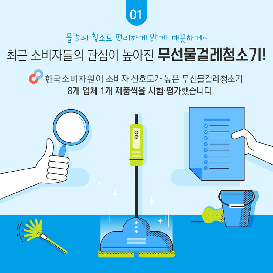 # 물걸레 청소도 편리하게 맑게 깨끗하게~ 최근 소비자들의 관심이 높아진 무선물걸레청소기! 한국소비자원이 소비자 선호도가 높은 무선물걸레청소기 8개 업체 1개 제품씩을 시험·평가했습니다.