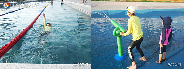 성인풀에서 수영을 즐기는 학생(좌), 물대포를 쏘며 즐거워하는 아이들(우)