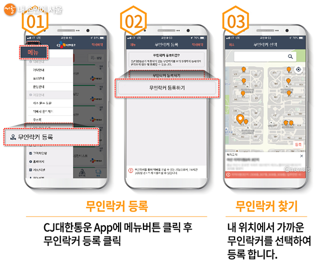 보내는 택배 예약방법 (‘CJ대한통운 택배’ 앱(안드로이드, IOS)을 설치해 위와 같이 진행)