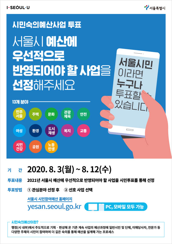 서울시 사업 126개 중 우선순위를 정해 차등 지원하는 ‘시민숙의예산(숙의형)’ 투표도 진행된다