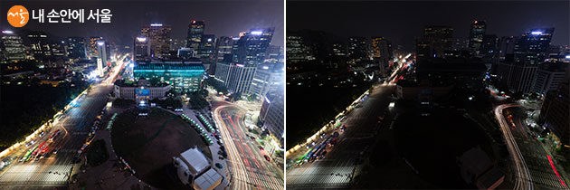 2019년 에너지의 날 서울광장 (좌) 소등 전, (우) 소등 후