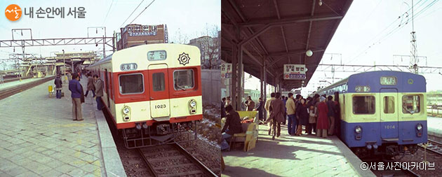 개통 당시 도입된 1호선 전동차들. 같은 1호선이지만 서울 지하철 차량(좌)과 철도청(우) 차량은 색이 달랐다