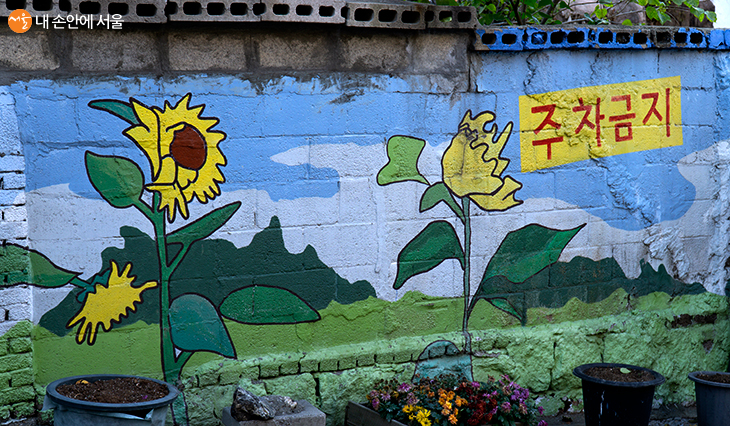 마을 초입에 있는 해바라기 그림. 벽화 앞에는 화분들과 함께 주차금지 구역임을 전달하고 있다 ©강동호