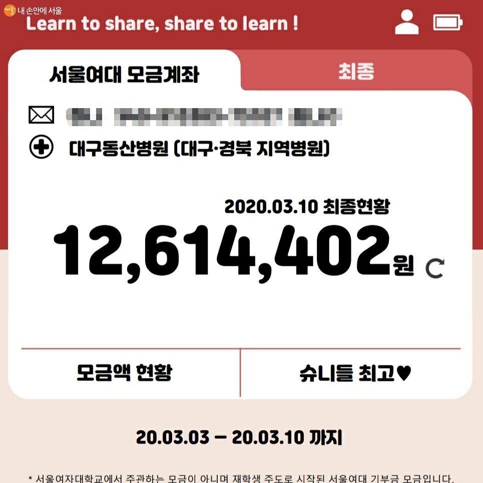 서울여대 성금 모금액이 일주일만에 1200만원을 넘겼다. 