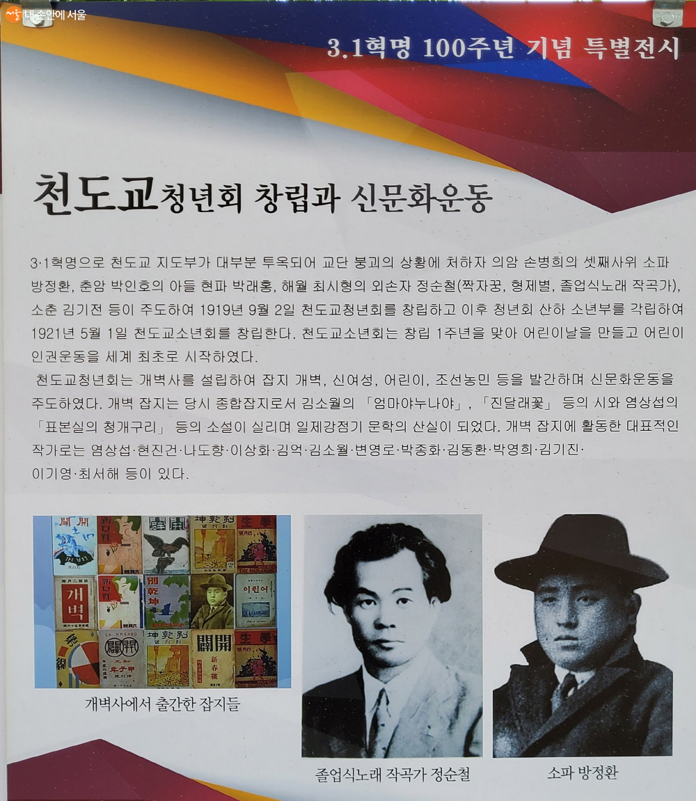 수운회관에 전시되어 있는 천도교 청년회 창립과 신문화운동 전시물