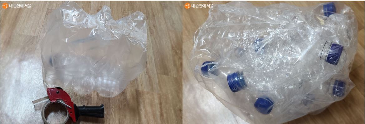 생수병 포장된 비닐을 조심히 자르고 투명테이프로 다시 붙여서 재활용하면, 배출용 투명비닐로 사용할 수 있다. 