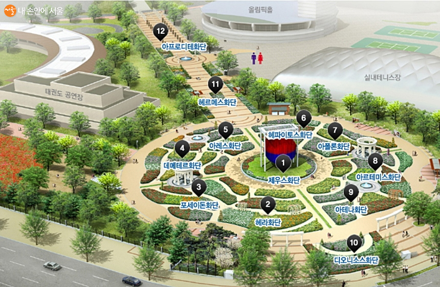 제우스화단을 비롯한 12개의 화단으로 이루어진 장미광장 ⓒ올림픽공원 홈페이지