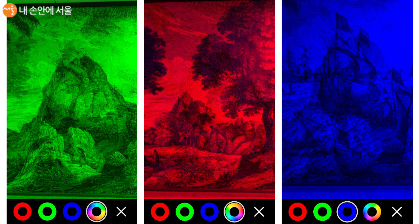 QR 코드로 접속해 색상 필터를 적용했을 때, 변하는 이미지. 모두 같은 작품이다