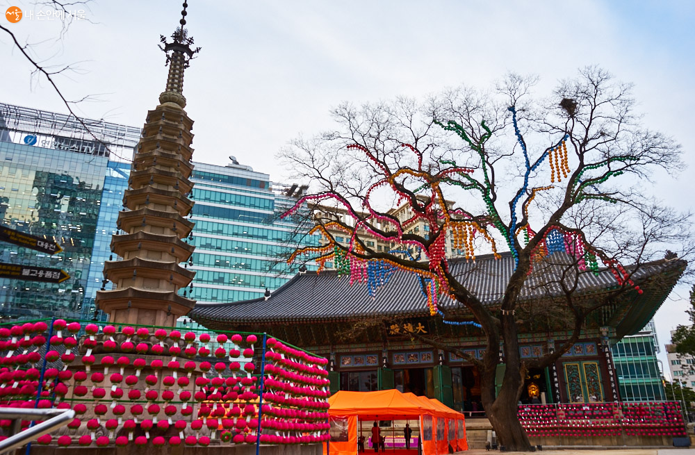 조계사 대웅전 앞에는 수령 450년 가량의 큰 회화나무가 있다. 8각10층 부처님진신사리탑에는 1913년 스리랑카로부터 전해진 부처님 사리가 봉안되어 있다