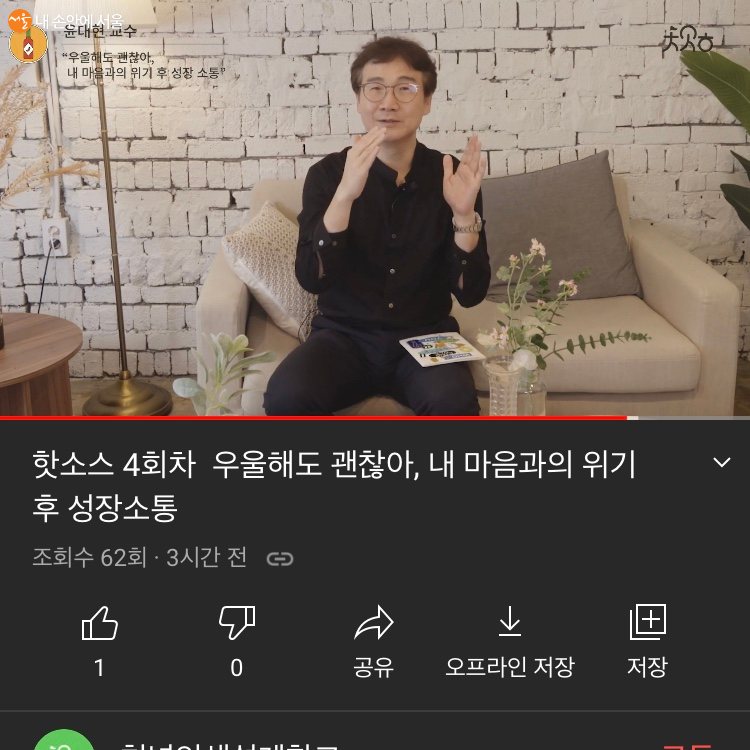 핫소스 4회차 윤대현 교수의 '청춘들의 우울함'에 대한 강의를 유튜브로 시청했다.